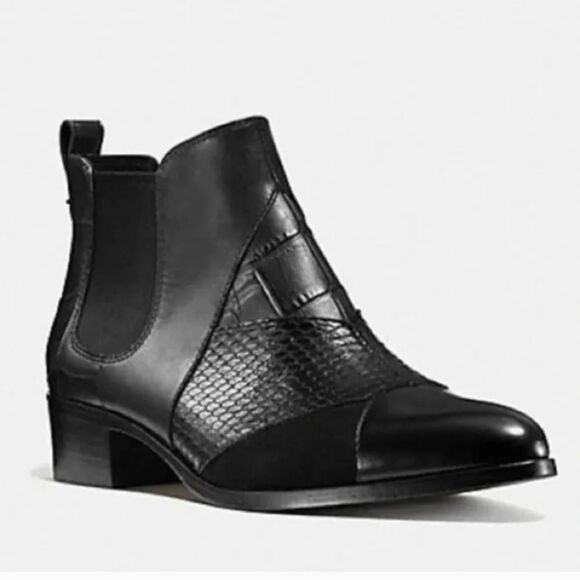 Coach Suffolk Patchwork Black Pull On Booties Leather Snakeskin Size 7.5 - Picture 1 of 7